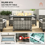 5 PCs Rattan Garden Furniture Set with Fire Pit Table, Grey