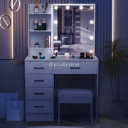 Dressing Table Makeup Desk 10 LED Lights Mirror 6 Drawers & Stool Set Vanity