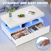COFFEE TABLE WITH LED HIGH GLOSS COFFEE TABLE RECTANGULAR CENTRE 2 DRAWERS WHITE