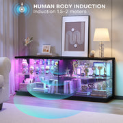 LED TV Unit Cabinet RGB Lights Glass Doors USB-C Power Sockets Modern Stand