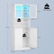 Kitchen Pantry Cupboard LED Tall White Storage Cabinet Glass Doors Shelves 170cm