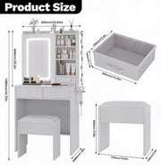 Dressing Table with LED Lights Mirror 2 Drawers Vanity Makeup Desk with Stool