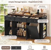 Kitchen Island on Wheels Mobile Trolley Trash Bin Cabinet Drop Leaf Power Outlet