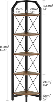 Corner Shelf 5 Tier Industrial Bookshelf & Display Storage Stand Rustic Brown