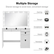 White Dressing Table with LED Lights Mirror Stool Drawers Vanity Makeup Desk Set