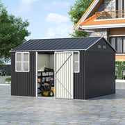 12 x 10FT Galvanised Garden Tool Storage Shed with Lockable Door, Double Windows