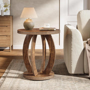 Farmhouse Round End Table, Wooden Accent Side Table with Storage for Living Room