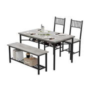 4-Piece Grey Dining Set for 4, Rectangular Table, 2 Chairs & Bench W/ Wine Rack