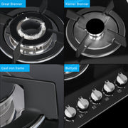 OYAJIA 77cm Black 5 Burner Gas On Glass Hob With Cast Iron Pan Stands