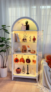 Glass Display Cabinet with RGB Lights, 5-tier Arched Curio cabinet for Models