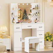 White Dressing Table Stool Makeup Desk with LED Mirror and 5 Drawers & 4 Shelves