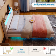 Floating Double Bed Frame w/ LED Lights & Upholstered Headboard,Charging Station