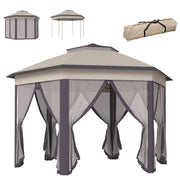 Hexagon Patio Gazebo Garden Shelter Heavy-Duty Double Roof w/ Mesh, 3 x 4m