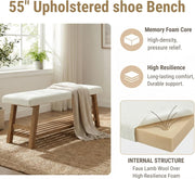 55'' Modern Upholstered Solid Wood Entryway Bench with Shoe Storage for Hallway
