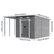 Grey Metal Garden Shed Tools Bikes Storage House with Side Canopy, 345x280x181cm