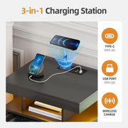 Bedside Table with Charging Station & Hidden Drawer, Nightstand with LED Lights