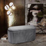 Grey Ottoman Seat Toy Storage Box Velvet Footstool Pleated Detail Bench Pouffe