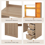 Home Office Desk with Hutch and Drawers Computer Desk with Power Outlets and LED