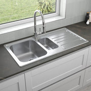 Inset Stainless Steel Kitchen Sink - 1.5 Bowl Silver Contemporary Double Sink