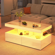 COFFEE TABLE WITH LED HIGH GLOSS COFFEE TABLE RECTANGULAR CENTRE 2 DRAWERS WHITE