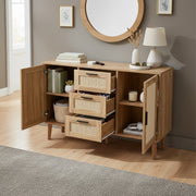 Sideboard Cabinet Cupboard w/ 2 Doors 3 Drawers Rattan Sideboard for Living Room