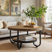 80cm Round Coffee Table 2-Tier Industrial Accent Center Table with Storage Shelf