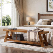 63-Inch Farmhouse Solid Wood Entryway Bench with Shoe Storage Shelf for Hallway