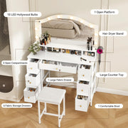 Dressing Table Makeup Desk LED Mirror Vanity Set 7 Drawers Organizer Stool White