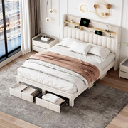 Double Bed Frame 4ft6 Upholstered Storage Bed USB-C Shelving Headboard Beige