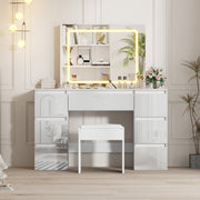 White Dressing Table High Gloss Vanity Makeup Desk 7 Drawers& Stool& LED Mirror
