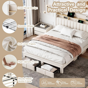 Double Bed Frame 4ft6 Upholstered Storage Bed USB-C Shelving Headboard Beige