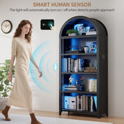Arched Display Cabinet with LED Lights, 5-Tier Bookcase with Human Body Sensor
