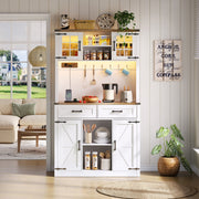 White Tall Kitchen Pantry Cabinet Highboard LED Lights Barn Doors 2 Drawers
