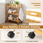 3-Tier Storage Rolling Cart Bamboo Utility Cart w/4 Universal Wheels
