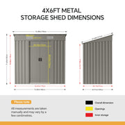 6 x 4FT Metal Garden Shed Galvanised Outdoor Storage Shed with Foundation Kit