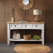 Corona Console Table White Painted 3 Drawer Wax Solid Wood Pine Wooden Hall