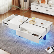 Coffee Table LED Lights with Drawers White High Gloss Modern Living Room