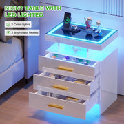 Set of 2 LED Bedside Tables, 3-Colour Lights & Motion Sensor, Charging Station