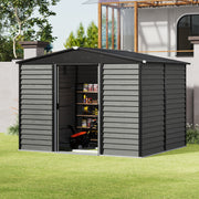 8 x10ft Garden Storage Shed with Double Sliding Door Grey Wood Effect, FREE BASE