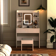 Dressing Table Set Cabinet Drawers Adjust LED Vanity Ample Storage Mirror White