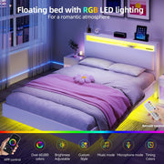 Floating Double Bed Frame w/ LED Lights & Upholstered Headboard,Charging Station