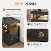 Bedside Table with Charging Station & Hidden Drawer, Nightstand with LED Lights