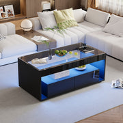 High Gloss LED Coffee Table Glass Top 2 Drawers Open Storage 100x50x40cm Black
