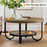 80cm Round Coffee Table 2-Tier Industrial Accent Center Table with Storage Shelf