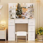 Vanity Dressing Table Stool Set w/ LED Mirror 5 Drawers Makeup Desk For Bedroom