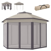 Hexagon Patio Gazebo Garden Shelter Heavy-Duty Double Roof w/ Mesh, 3 x 4m