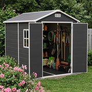 8x6 6x6 5x3 Plastic Garden Shed with Floor Window Lockable Door Wood Grain Grey