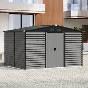 12x8FT Galvanised Garden Storage Shed with Sliding Door & Foundation, Grey Grain