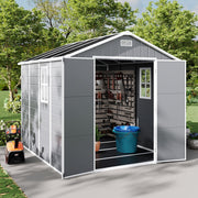 Grey Plastic Outdoor Storage Shed 8x8 FT with Double Windows for Tool Bike Store