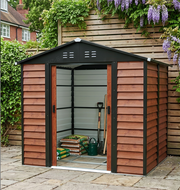 8 x 6ft Garden Shed Metal Apex Roof Outdoor Bike Tools Storage -BROWN WOOD GRAIN